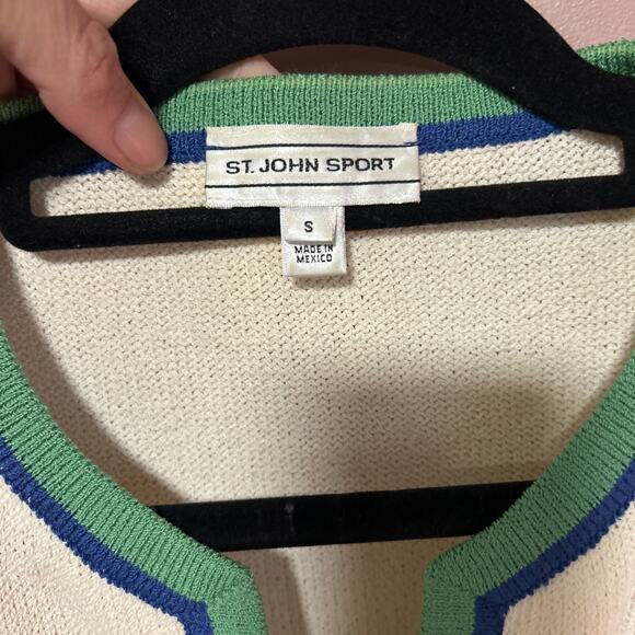 VTG St. John Sport Wool Rayon Zip Cardigan Green Blue Small Rivets Striped - Picture 5 of 9